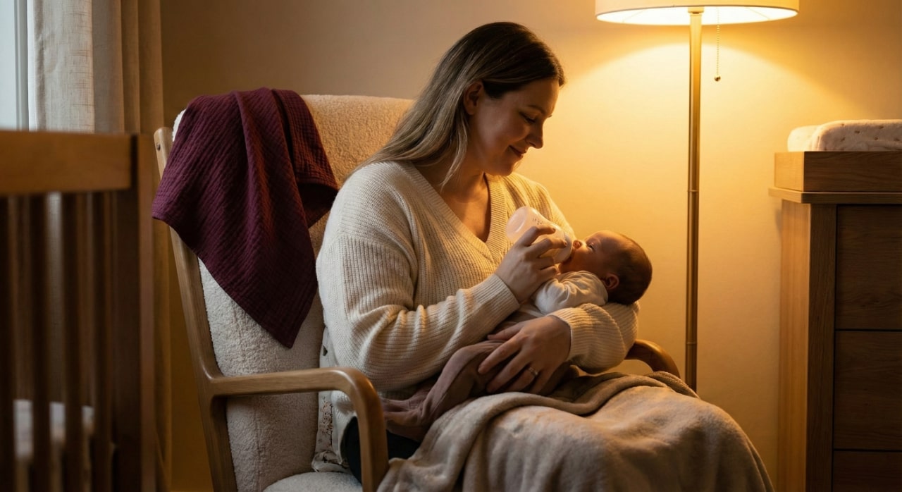 Touched by Nature mom feeding baby with bottle in rocking chair