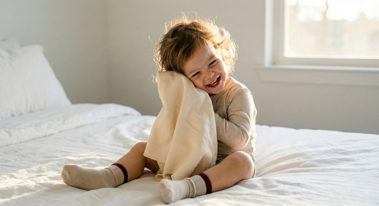 Touched by Nature baby smiling and holding a soft fabric