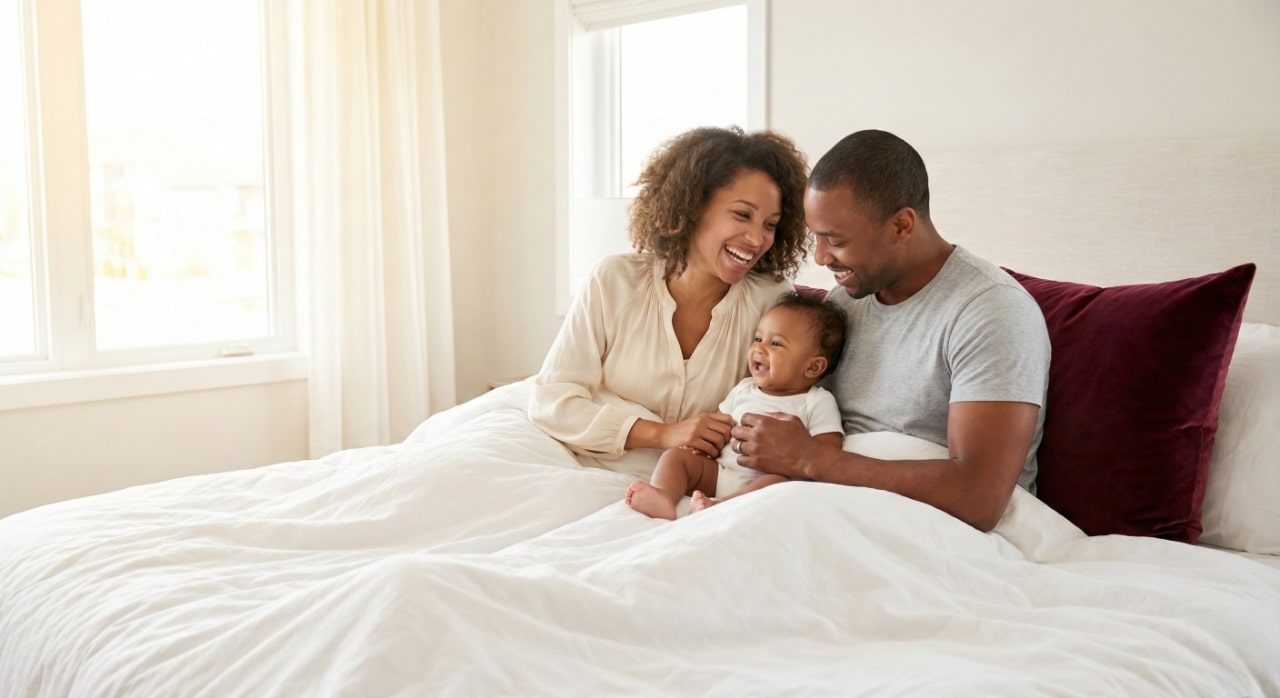 Touched by Nature family cuddling with baby on morning bed